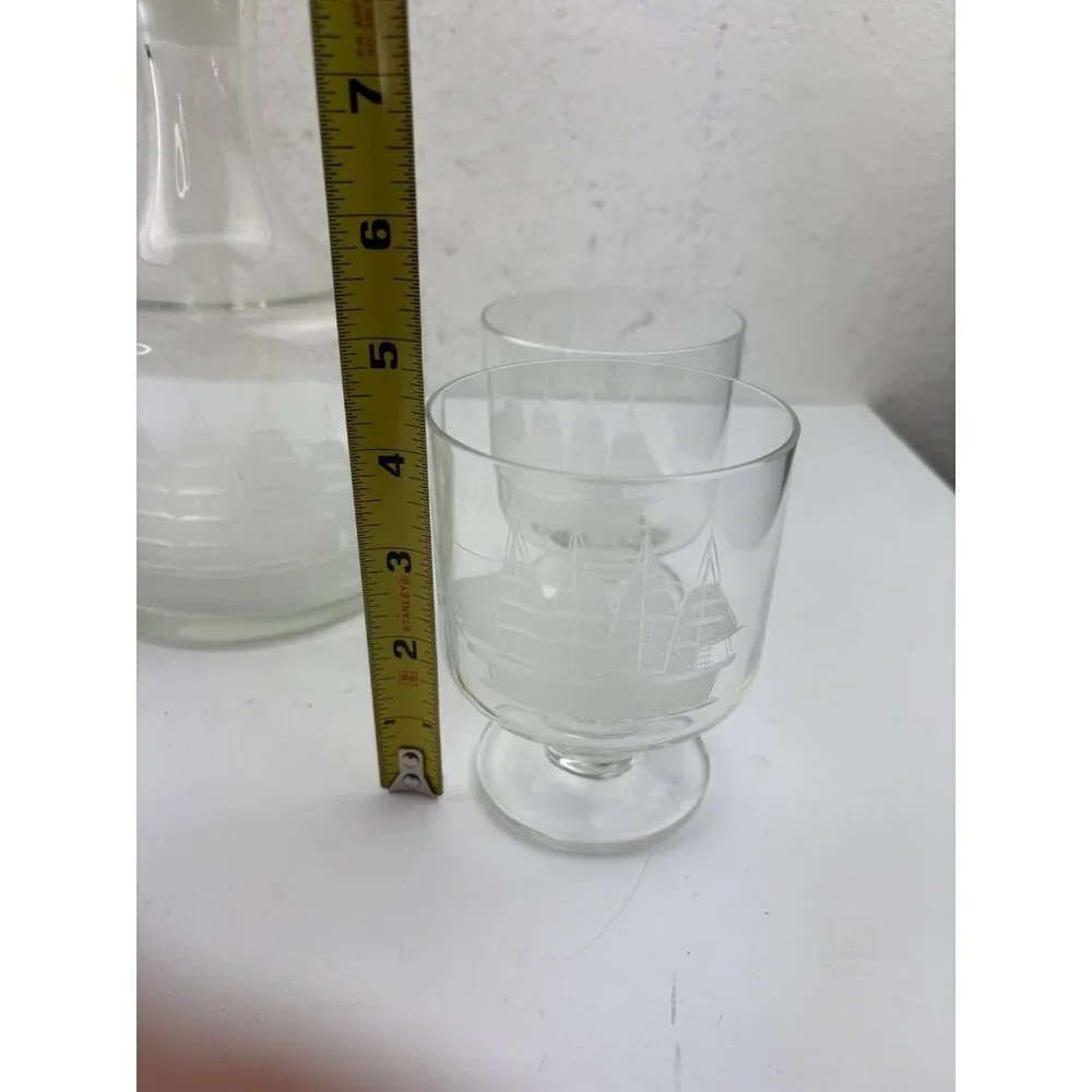 Vintage Etched Glass Decantur & 5 Glasses Clipper Ship Nautical Bar Barware